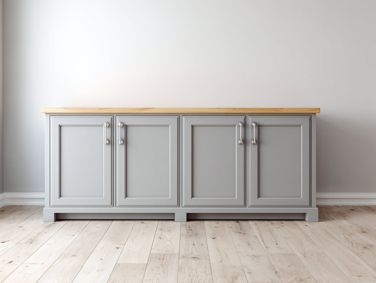 Aparadores de madera con 4 puertas 180x45x85 cm - gris claro y madera natural - diseño clásico con tiradores metálicos