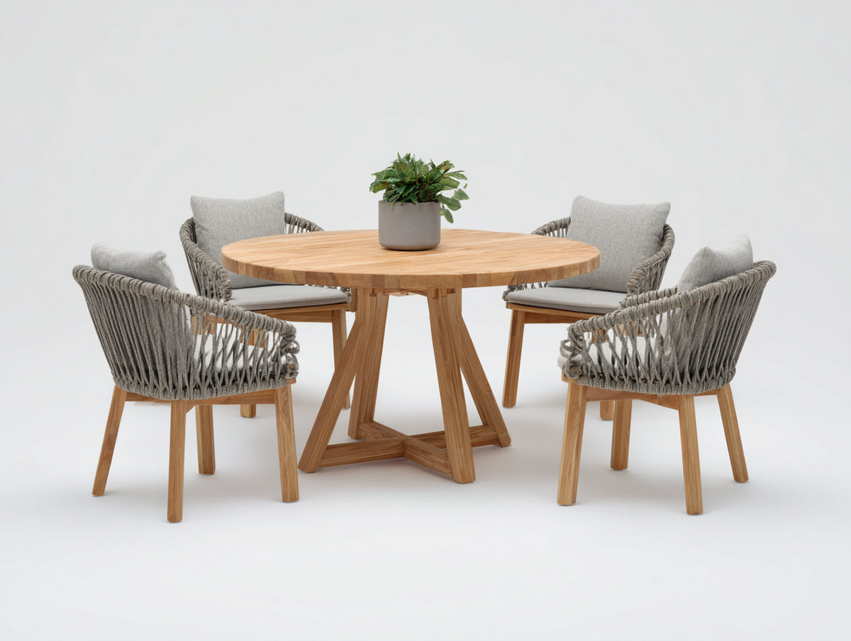 Conjuntos de comedor de jardín de madera y cuerda trenzada mesa 140x140x75 cm - natural y gris - 4 sillas con mesa redonda
