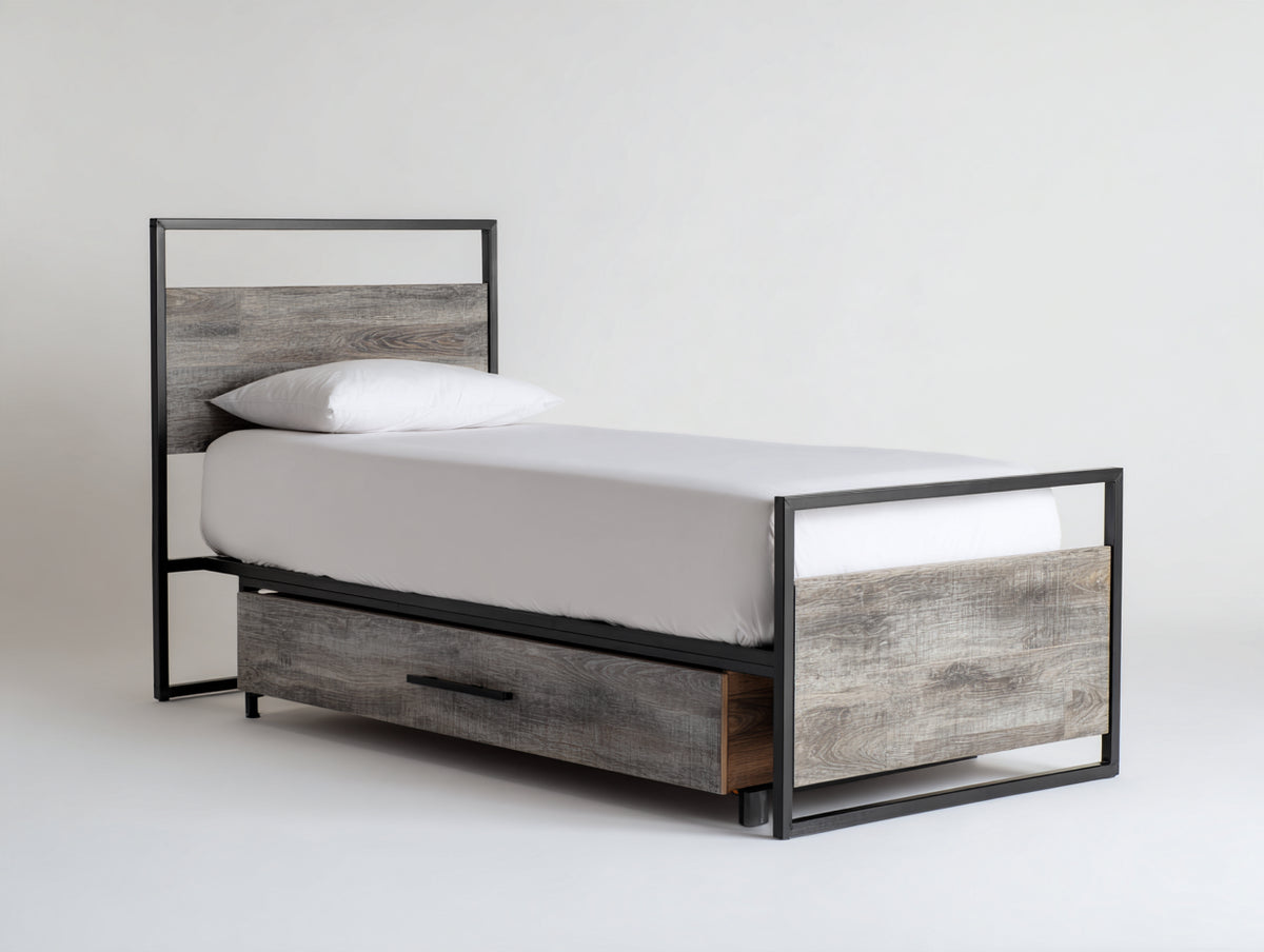 Camas individuales con estructura de metal y madera 210x100x95 cm - gris envejecido y negro - diseño industrial con cajón inferior