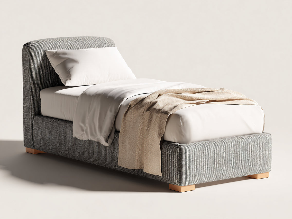 Camas individuales tapizada con estructura acolchada 210x105x105 cm - Gris y madera natural - Diseño moderno de líneas suaves