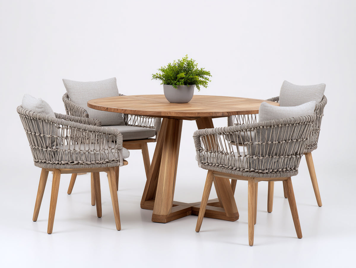 Conjuntos de comedor de jardín 140x140x75 cm - Madera y cuerda trenzada - Natural-Gris claro - Mesa redonda con 4 sillones